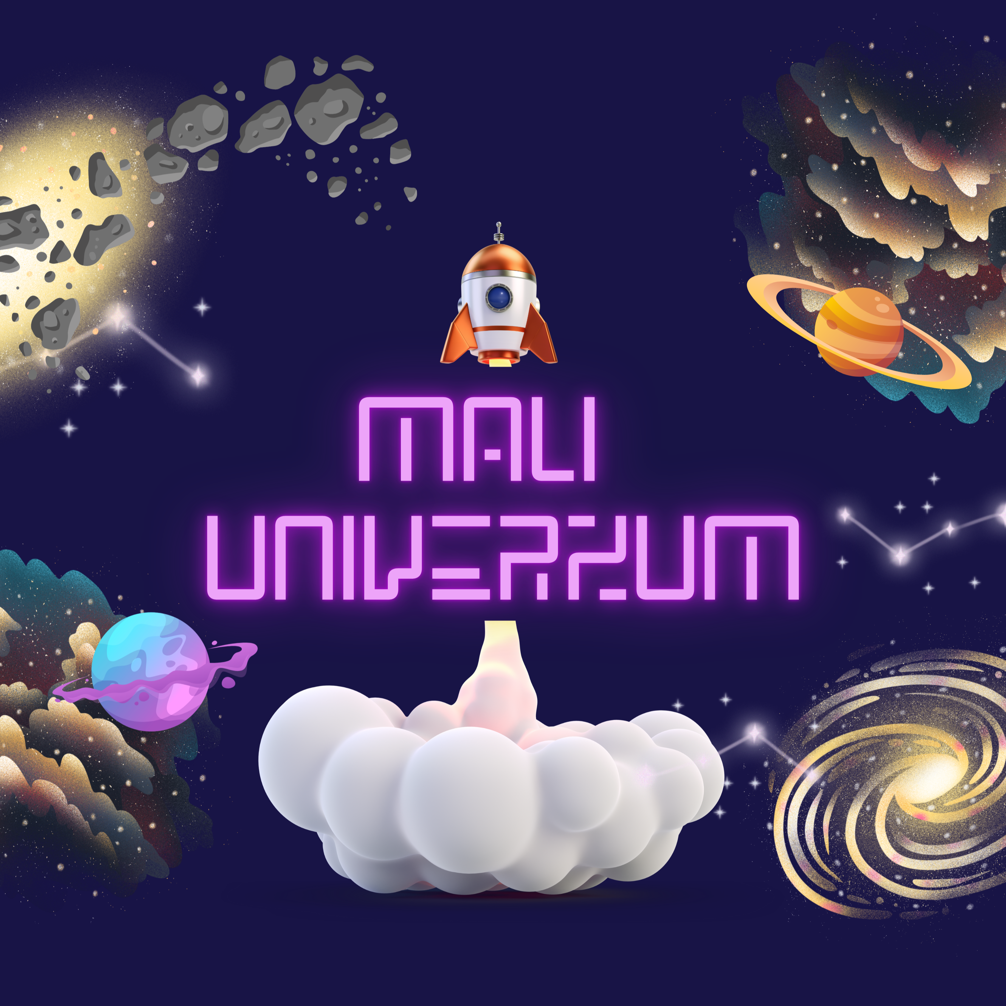 Pixel art style image of a rocket ship with 'MAU UNIVERZUM' text against a space-themed background.